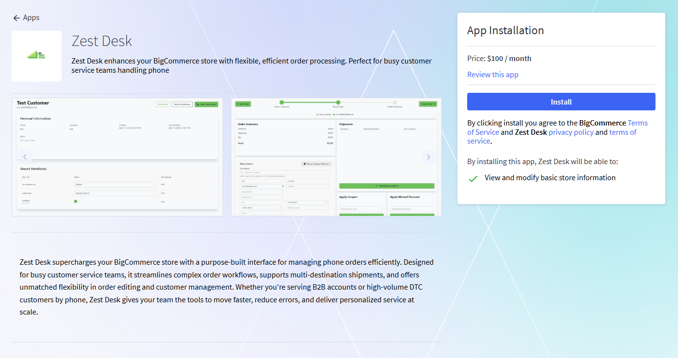 BigCommerce app installation screen with Install button highlighted