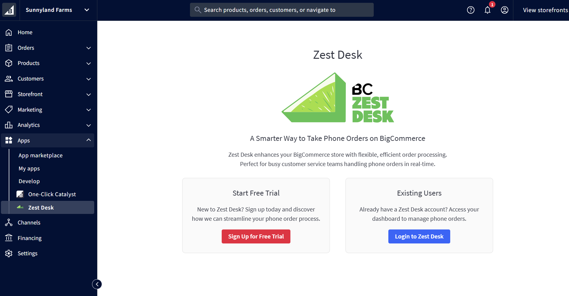 BigCommerce admin showing Zest Desk app with Launch Zest Desk button highlighted